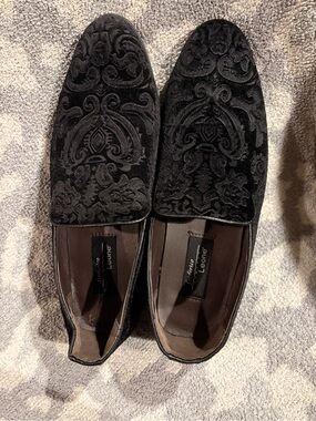 Men's Black Velvet Patterned Slip-On Loafers -